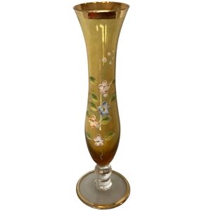 Hand Blown Czeck Glass Amber Bud Vase Gold Trim Hand Painted Flowers Clear Stem